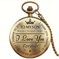 Vintage Pocket Watch "To My Son" Black Round Engraved Smooth Fob Chain Pocket Quartz Watch Fashion Necklace Pendant Clock Gift