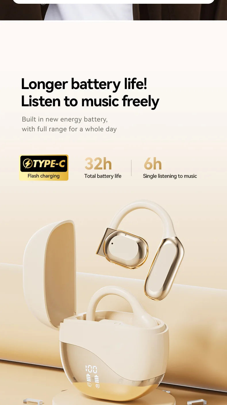 Wireless Bluetooth earbuds, simple over-the-ear design, non-intrusive, open sound quality, business style, with battery display