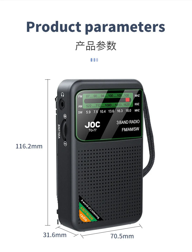 Battery Operated Radio FM AM SW Radio Built-in Speaker Pointer Pocket Radio Type-C Rechargeable with HD Display Screen for Elder