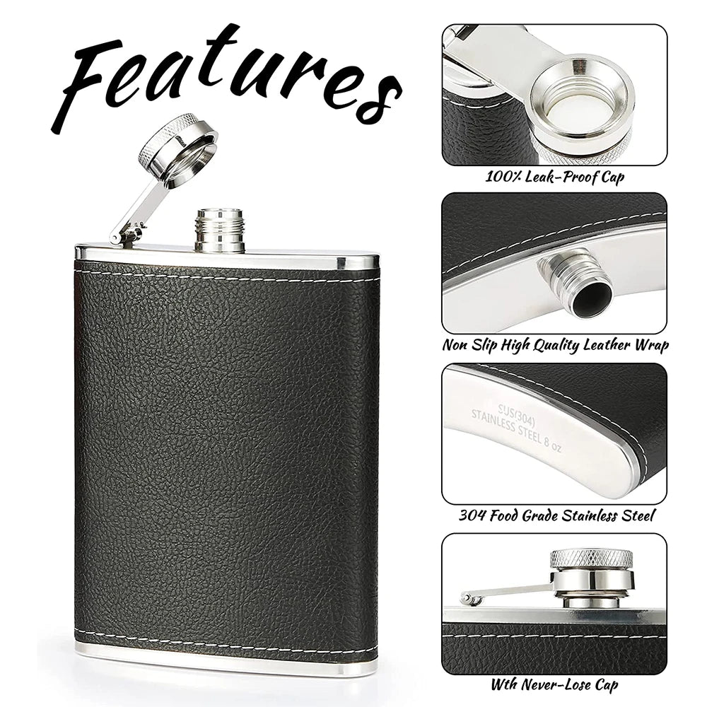 LMETJMA 8 Oz Hip Flask Black Leather Flask Stainless Steel Soft Touch Leather Wrap Flask with 1 Funnel Whiskey Rum Flask KC0465