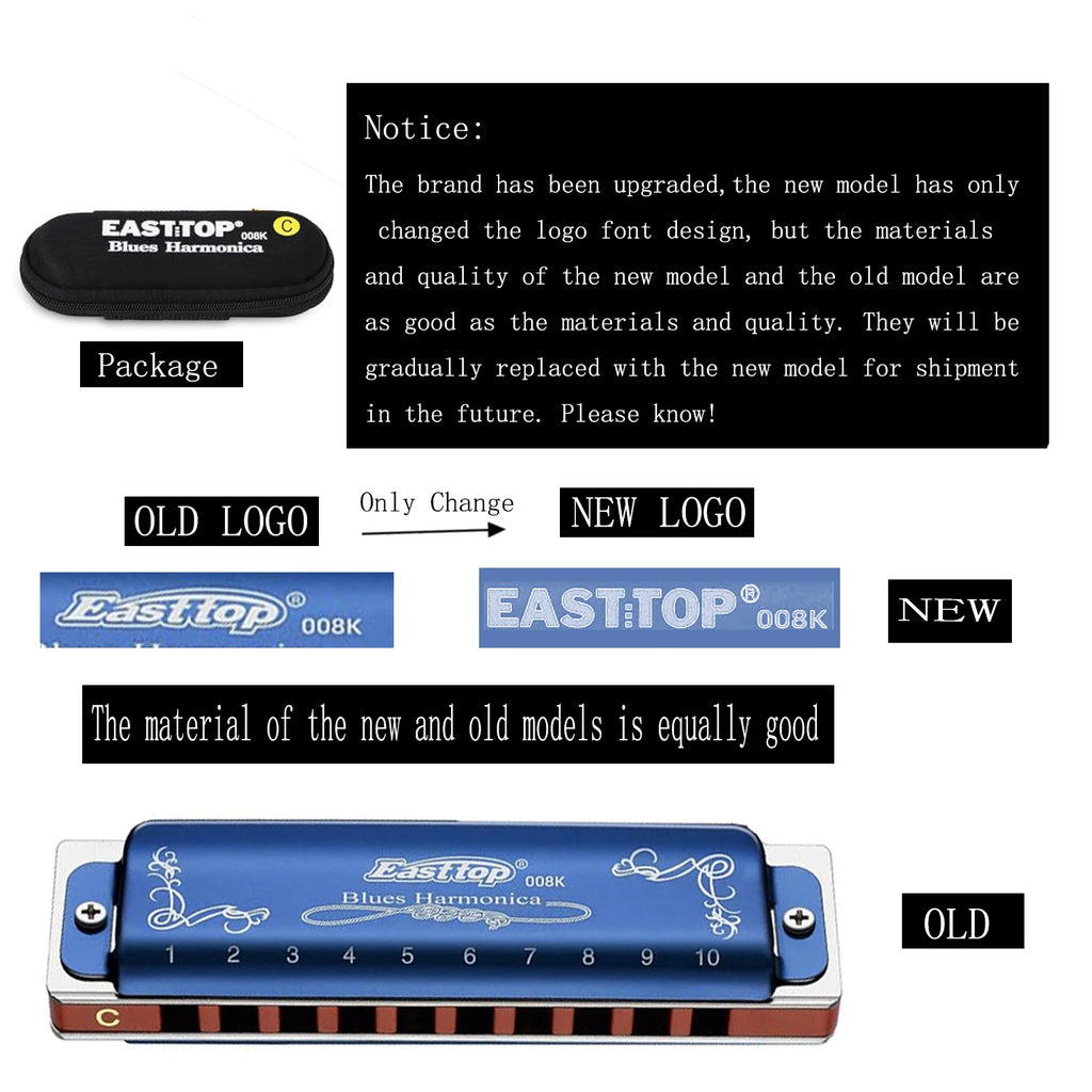 Harmonica 008K Blues Harp Mouth Organ10 Holes 20 Tones Diatonic Blues Harmonica with Blue Case, Top Grade Harmonica
