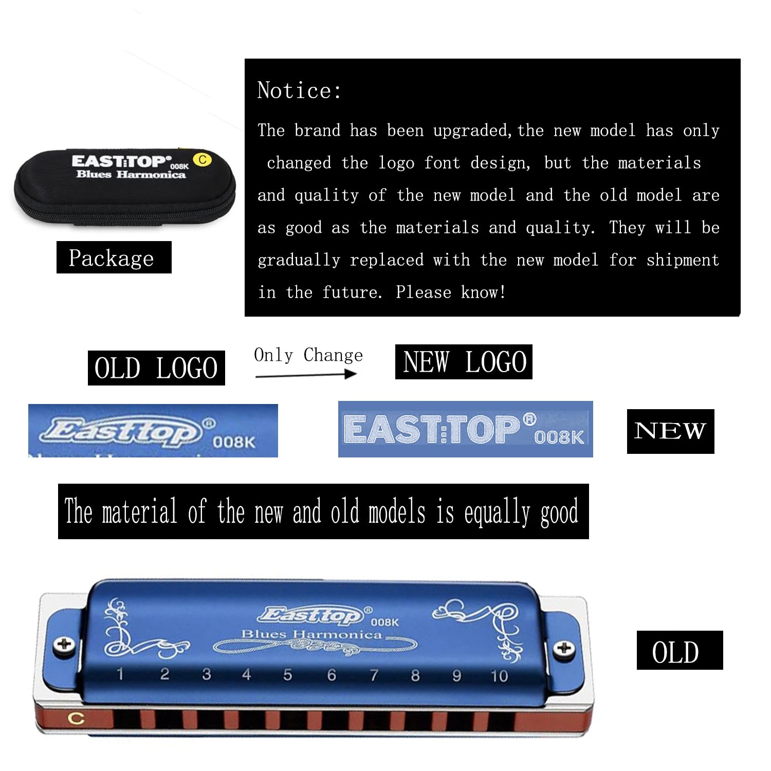 Harmonica 008K Blues Harp Mouth Organ10 Holes 20 Tones Diatonic Blues Harmonica with Blue Case, Top Grade Harmonica