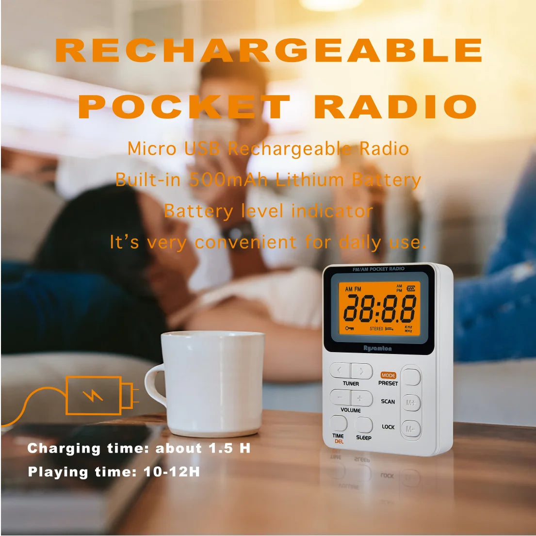 Rysamton Portable Radio, AM/FM Pocket Radio with Rechargeable Battery, Best Reception,Large Digital Displays, Earphone Included
