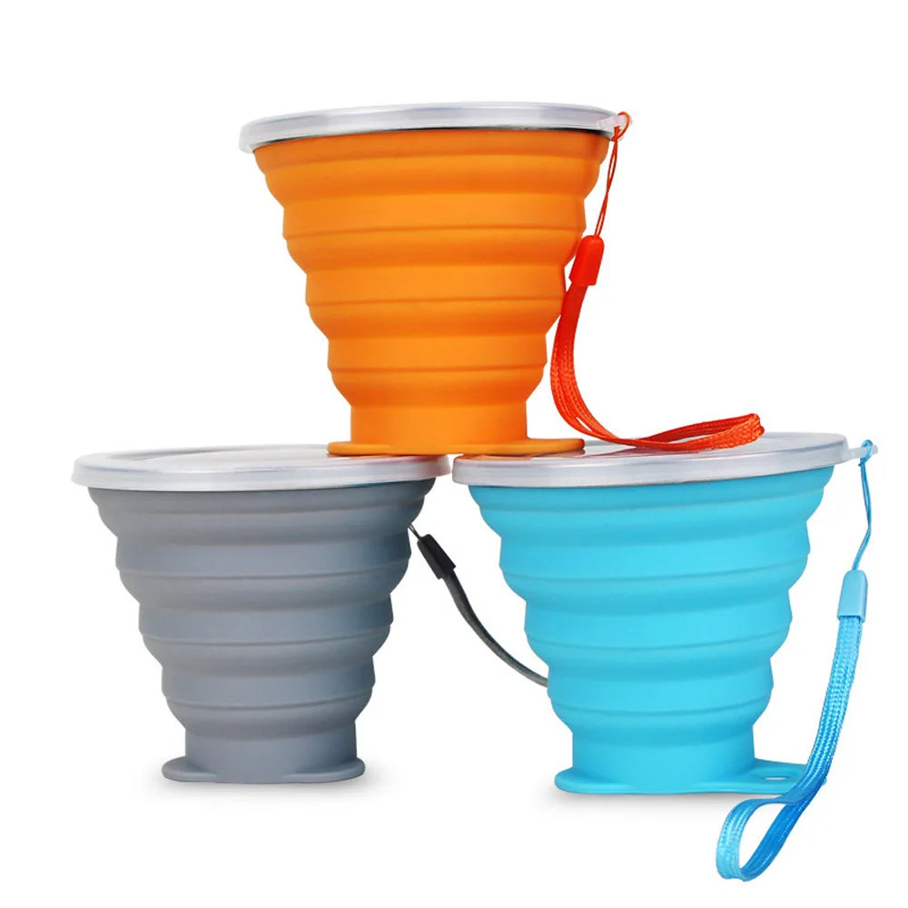 Silicone Collapsible Travel Cup 270ml Folding Camping Cup with Lid Reusable Expandable Drinkware for Outdoor Hiking