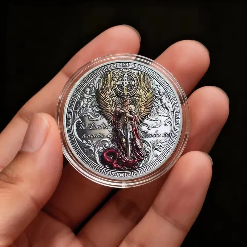 Challenge Coin Catholic Religious Token Silver-Plated Alloy Polished Round Size Saint Michael Archangel Design Faith Gift