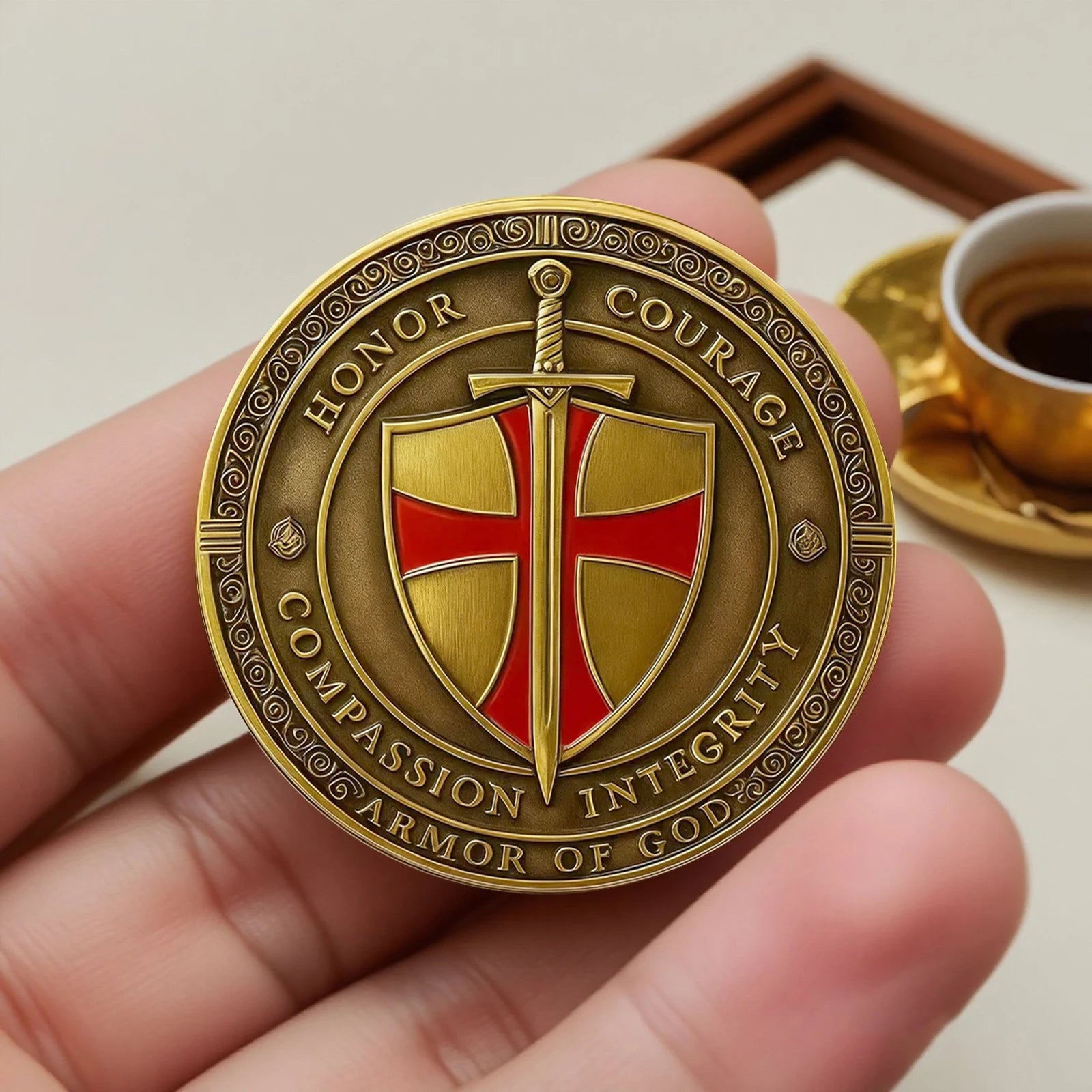 2D Armor of God Templar Coin Gold Plated Christian Challenge Coin with Knight and Jesus Design