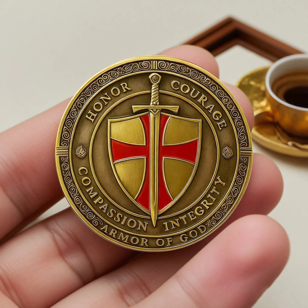 2D Armor of God Templar Coin Gold Plated Christian Challenge Coin with Knight and Jesus Design