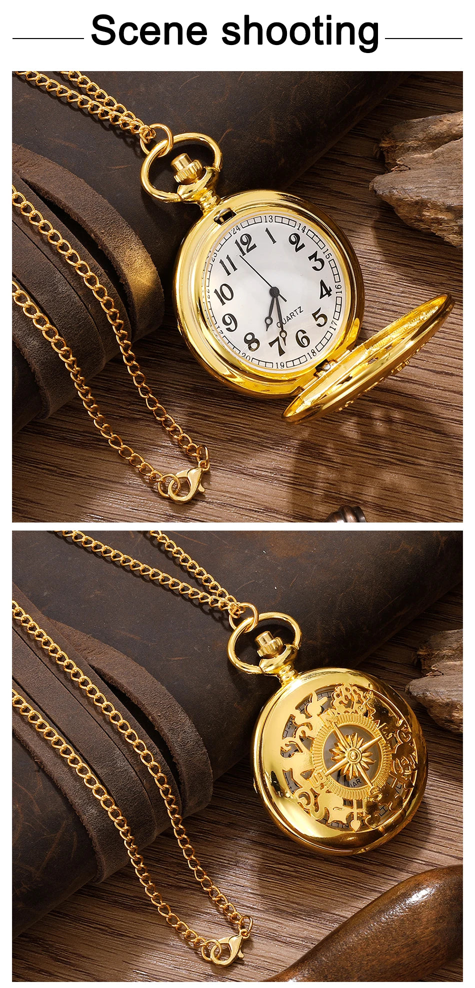 Gold pocket watch, outdoor hiking and adventure equipment, flip compass pocket watch