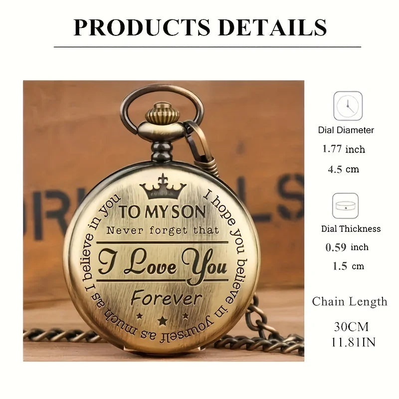 Vintage Pocket Watch "To My Son" Black Round Engraved Smooth Fob Chain Pocket Quartz Watch Fashion Necklace Pendant Clock Gift