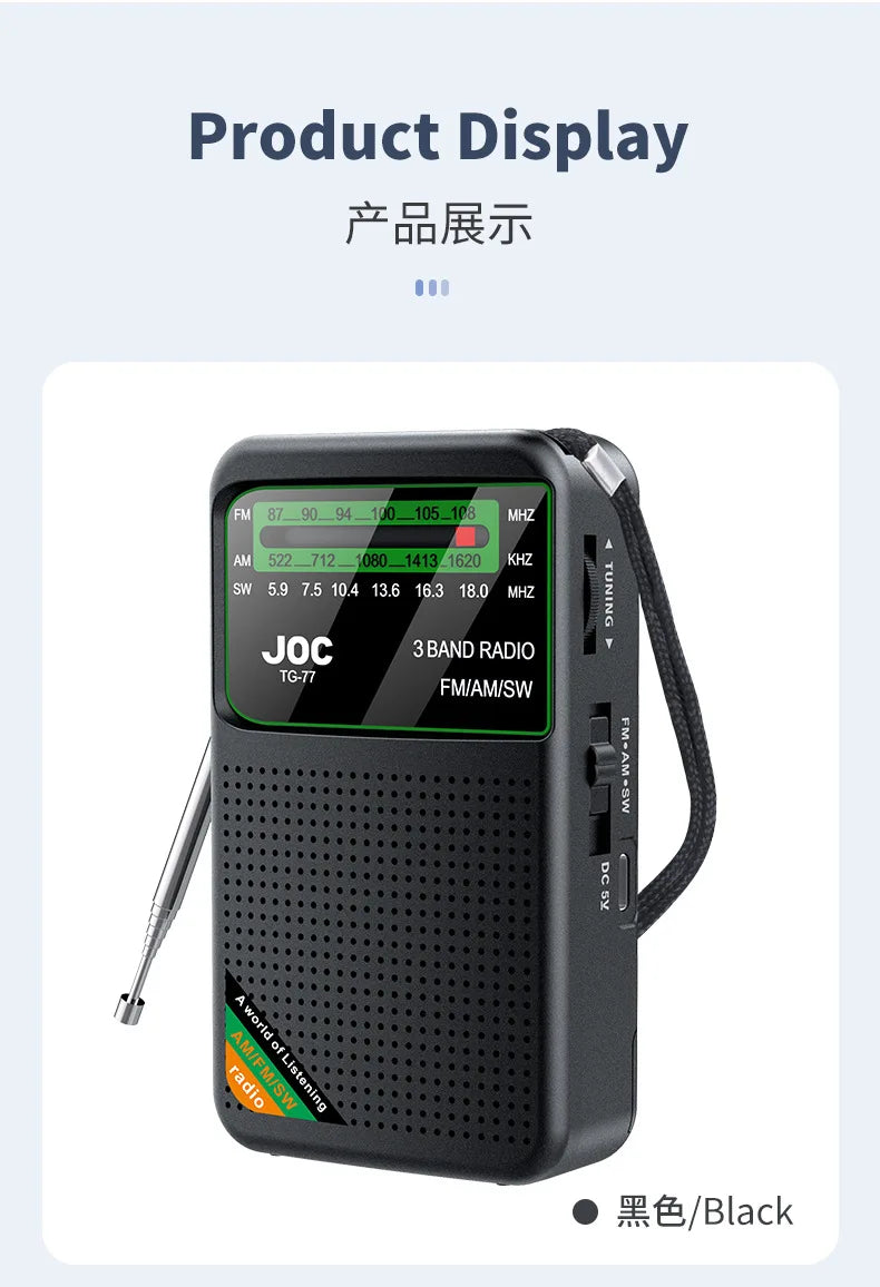 Battery Operated Radio FM AM SW Radio Built-in Speaker Pointer Pocket Radio Type-C Rechargeable with HD Display Screen for Elder