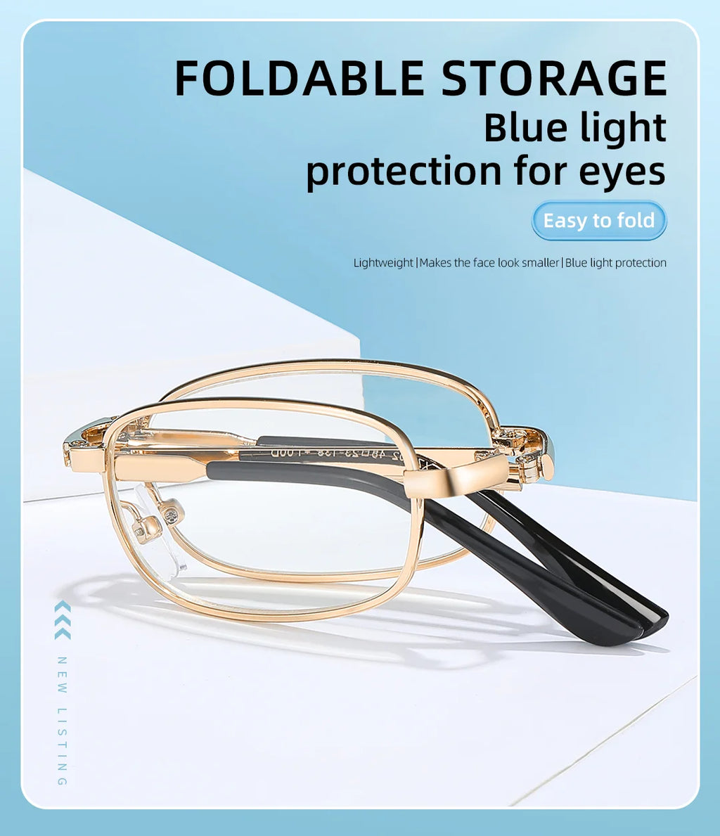 Foldable metal glasses, gold framed anti blue light presbyopia glasses, portable men's and women's business casual glasses