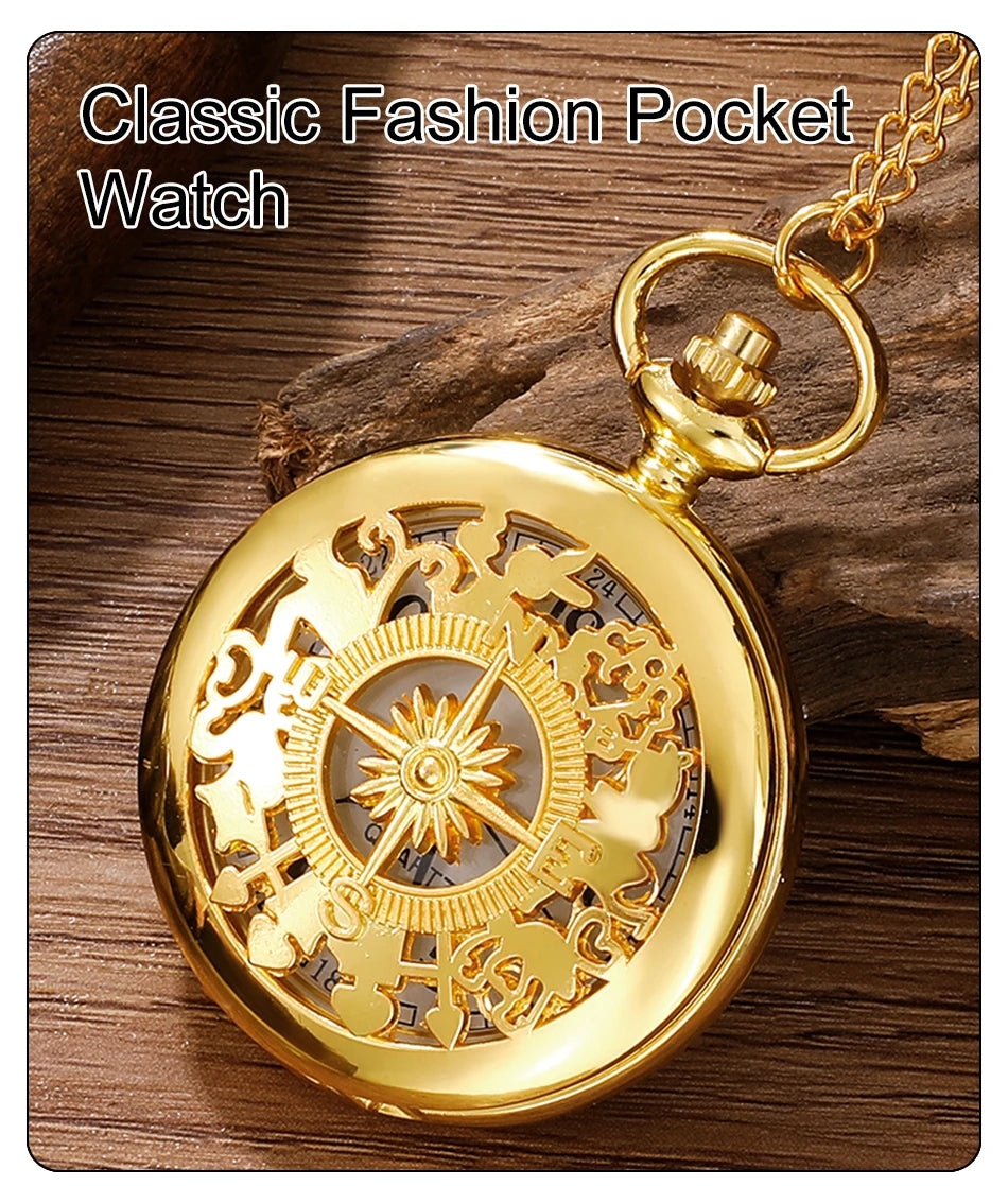 Gold pocket watch, outdoor hiking and adventure equipment, flip compass pocket watch