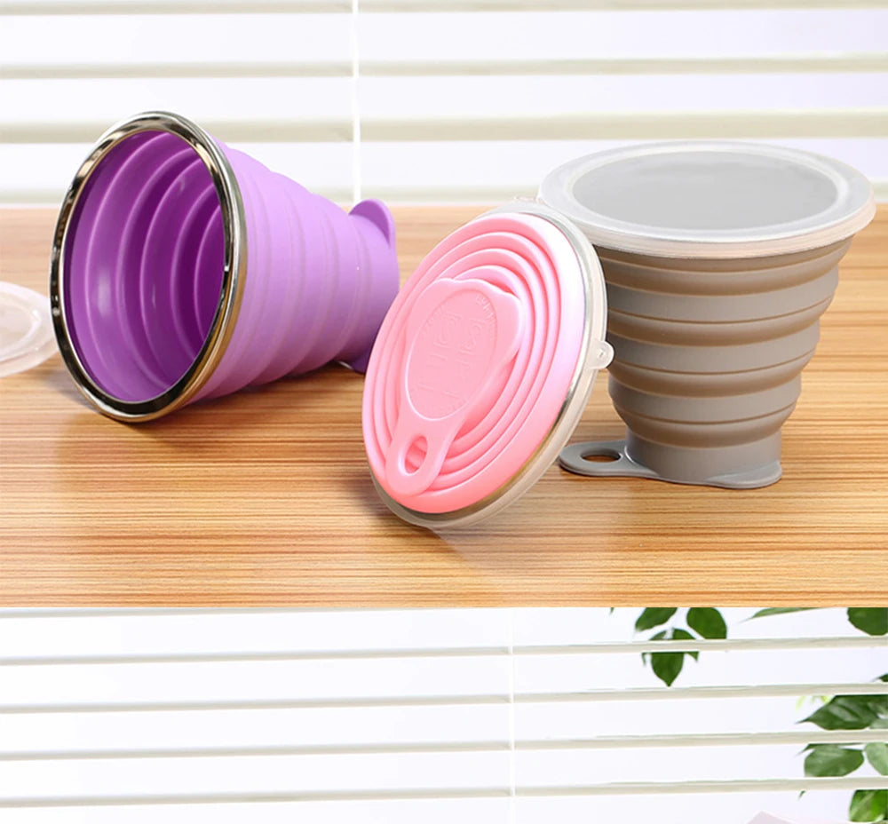 Silicone Collapsible Travel Cup 270ml Folding Camping Cup with Lid Reusable Expandable Drinkware for Outdoor Hiking