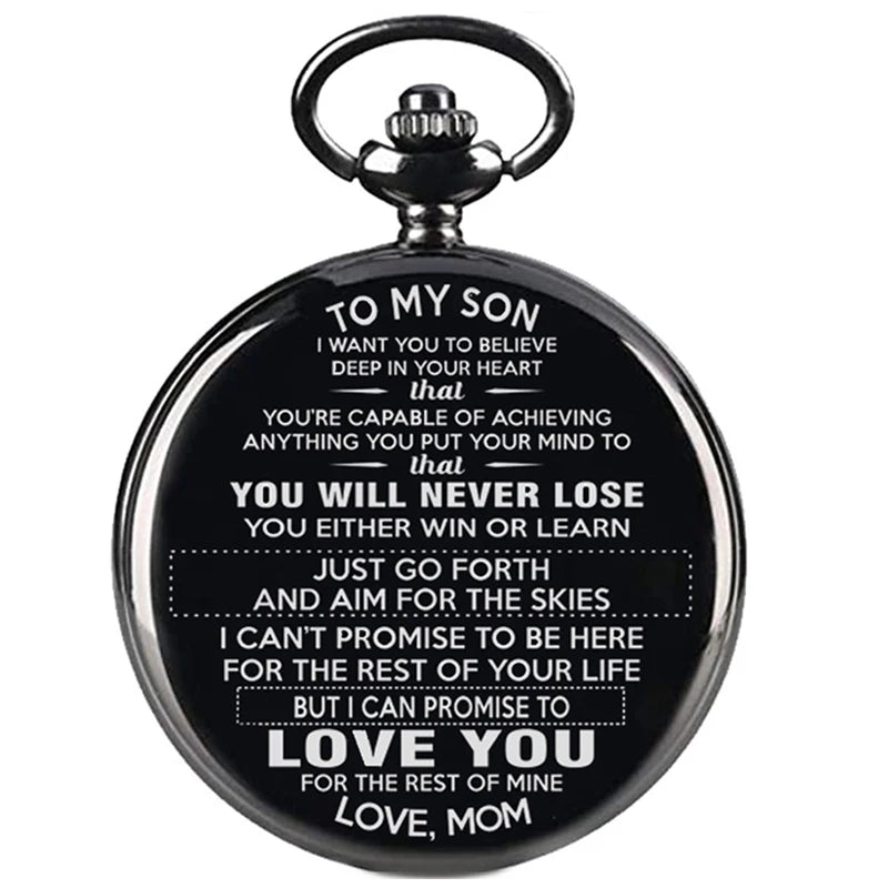 Vintage Pocket Watch "To My Son" Black Round Engraved Smooth Fob Chain Pocket Quartz Watch Fashion Necklace Pendant Clock Gift