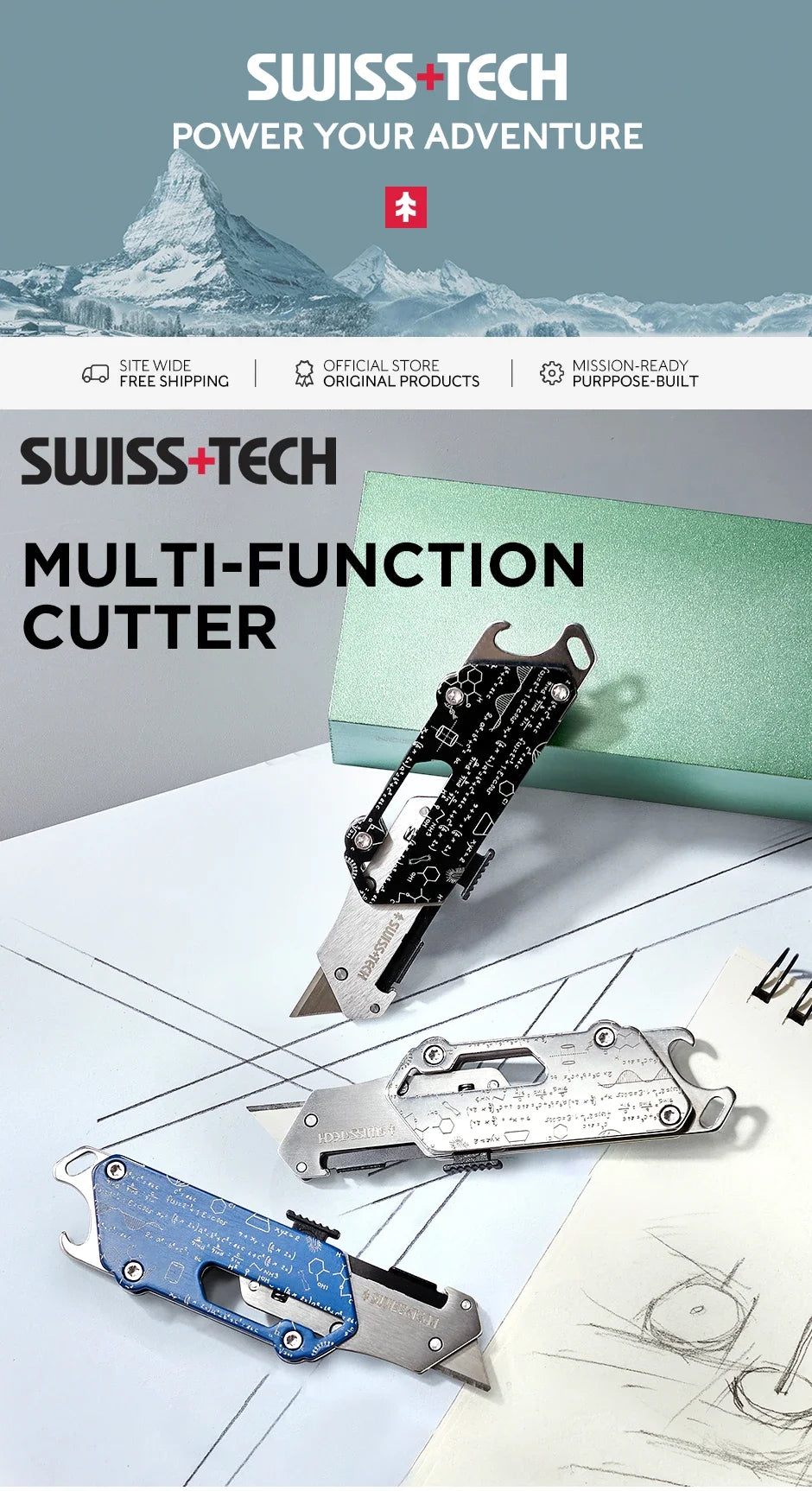 SWISS TECH Pocket Utility Knife Multitool Knives Portable 2 In 1 Unpacking Knife Cutter Box Opener Multi-Function Cutting Tool