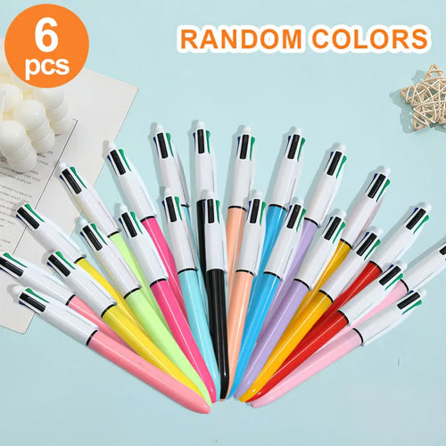 6 Multi-Color 4-in-1 Plastic Ballpoint Pens, 1mm Tip, Available in Red, Blue, Green, and Black, with Pressable Refills, Suitable for Study, Work, Notebooks, Journals, and Highlighting