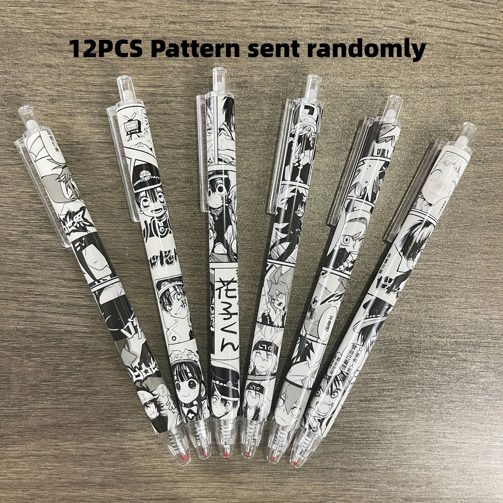 2 Boxes of 12 Pens with Random Designs, Anime-Themed, Medium-Sized Nib, Water-Based Black Ink, Durable Plastic, Office and School Stationery, Retractable Pens, Cute Style