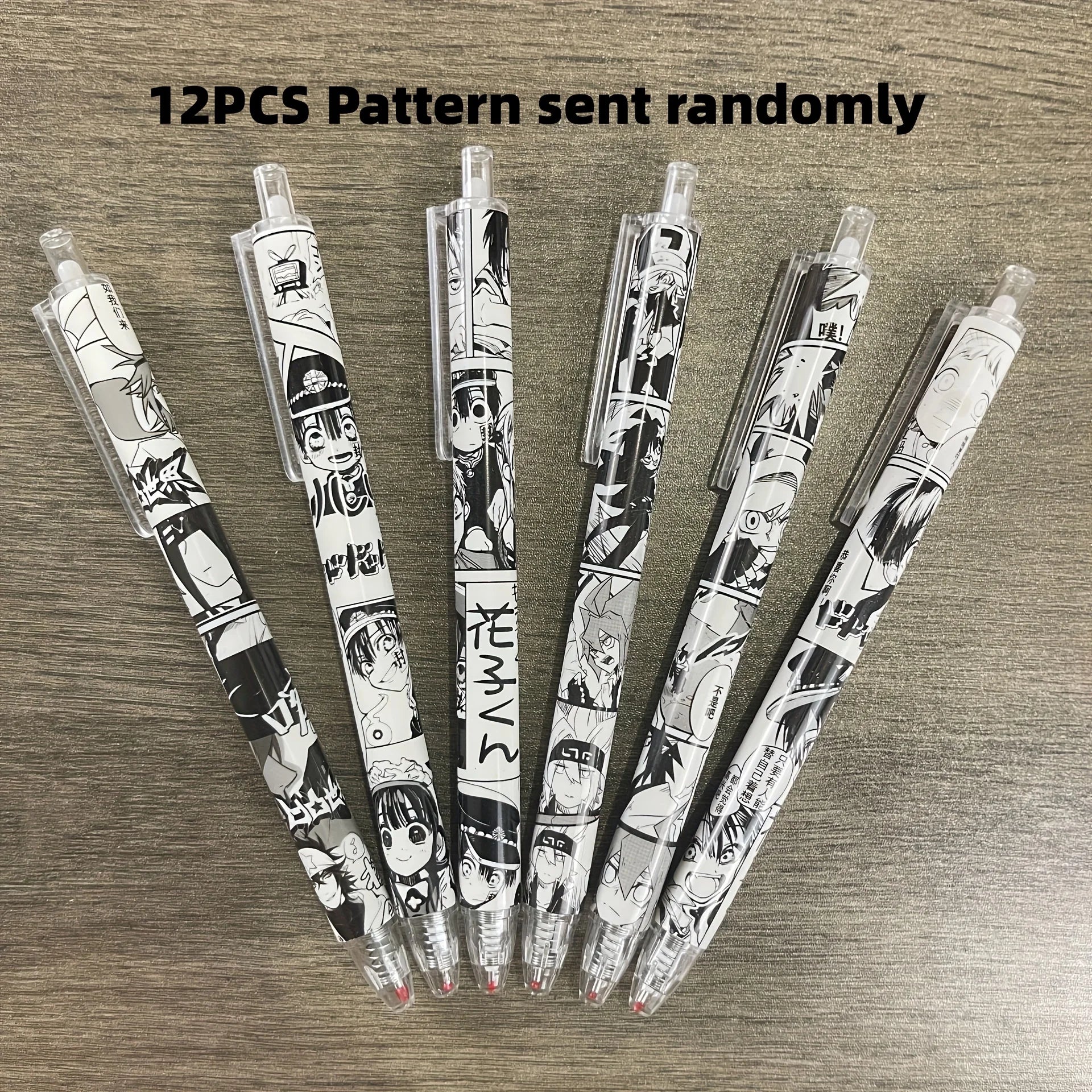 2 Boxes of 12 Pens with Random Designs, Anime-Themed, Medium-Sized Nib, Water-Based Black Ink, Durable Plastic, Office and School Stationery, Retractable Pens, Cute Style