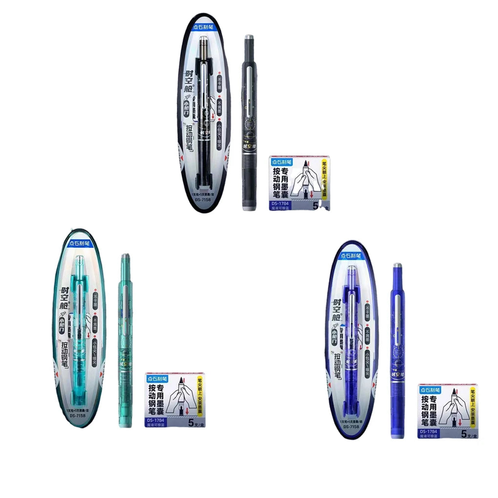 Space Capsule Design Retractable Fountain Pen 0.38mm Smooth No Splatter Writing Pen with Ink Cartridge Set for School Stationery