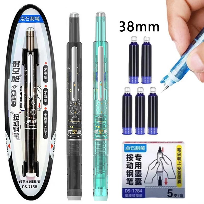 Space Capsule Design Retractable Fountain Pen 0.38mm Smooth No Splatter Writing Pen with Ink Cartridge Set for School Stationery