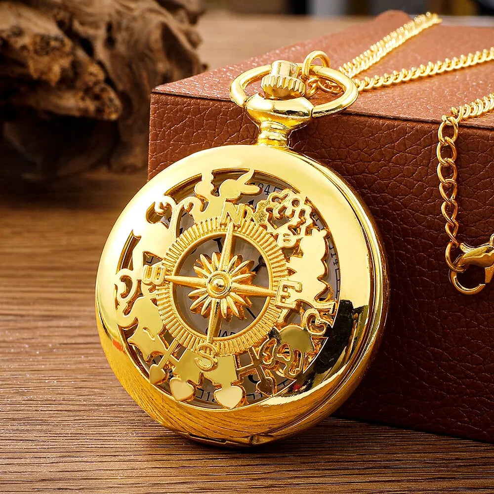 Gold pocket watch, outdoor hiking and adventure equipment, flip compass pocket watch