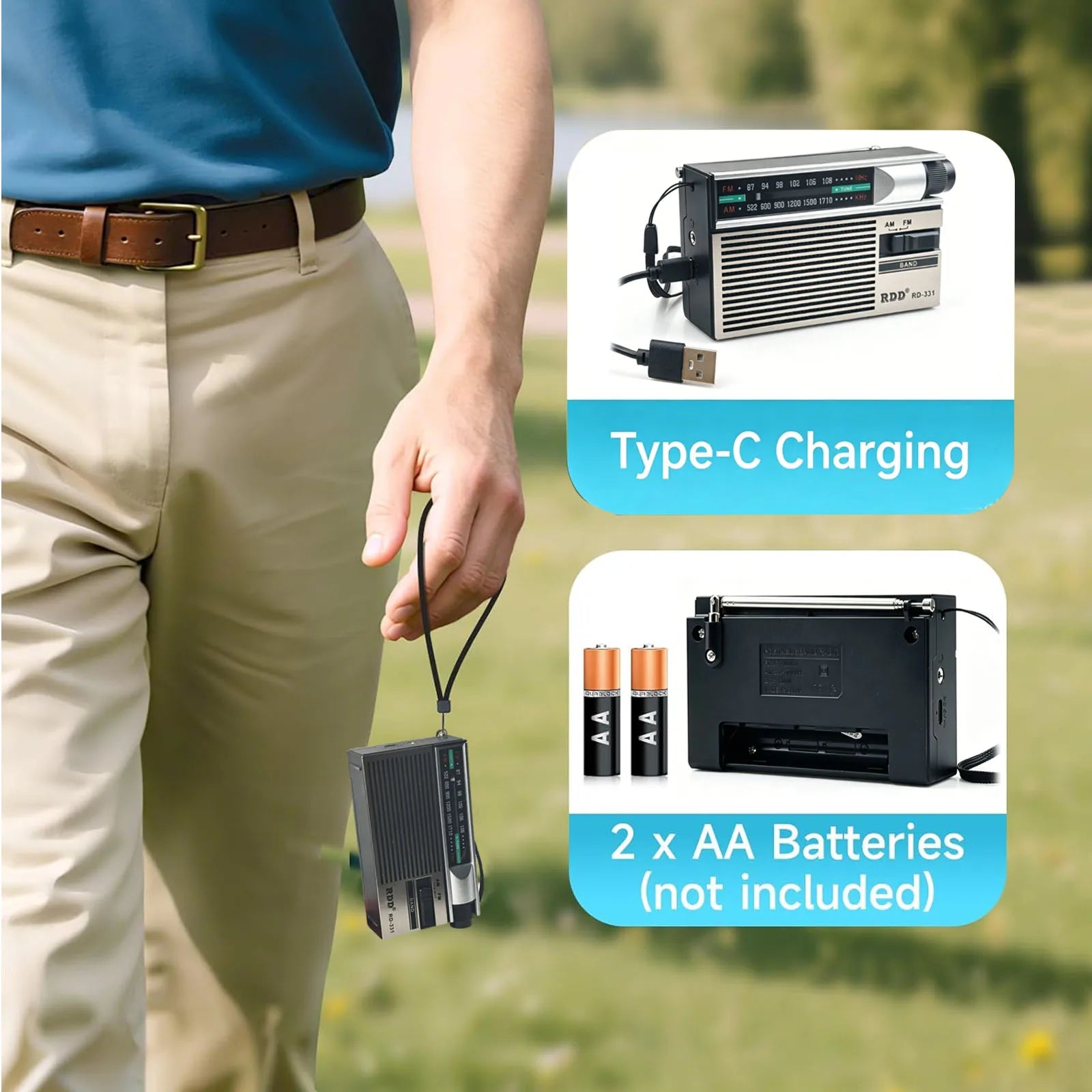 Mini Portable FM AM Radio Rehchargeable Vintage Dual Band Radios with Telescopic Antenna Rotary Switch 2 Power Supply for Elder