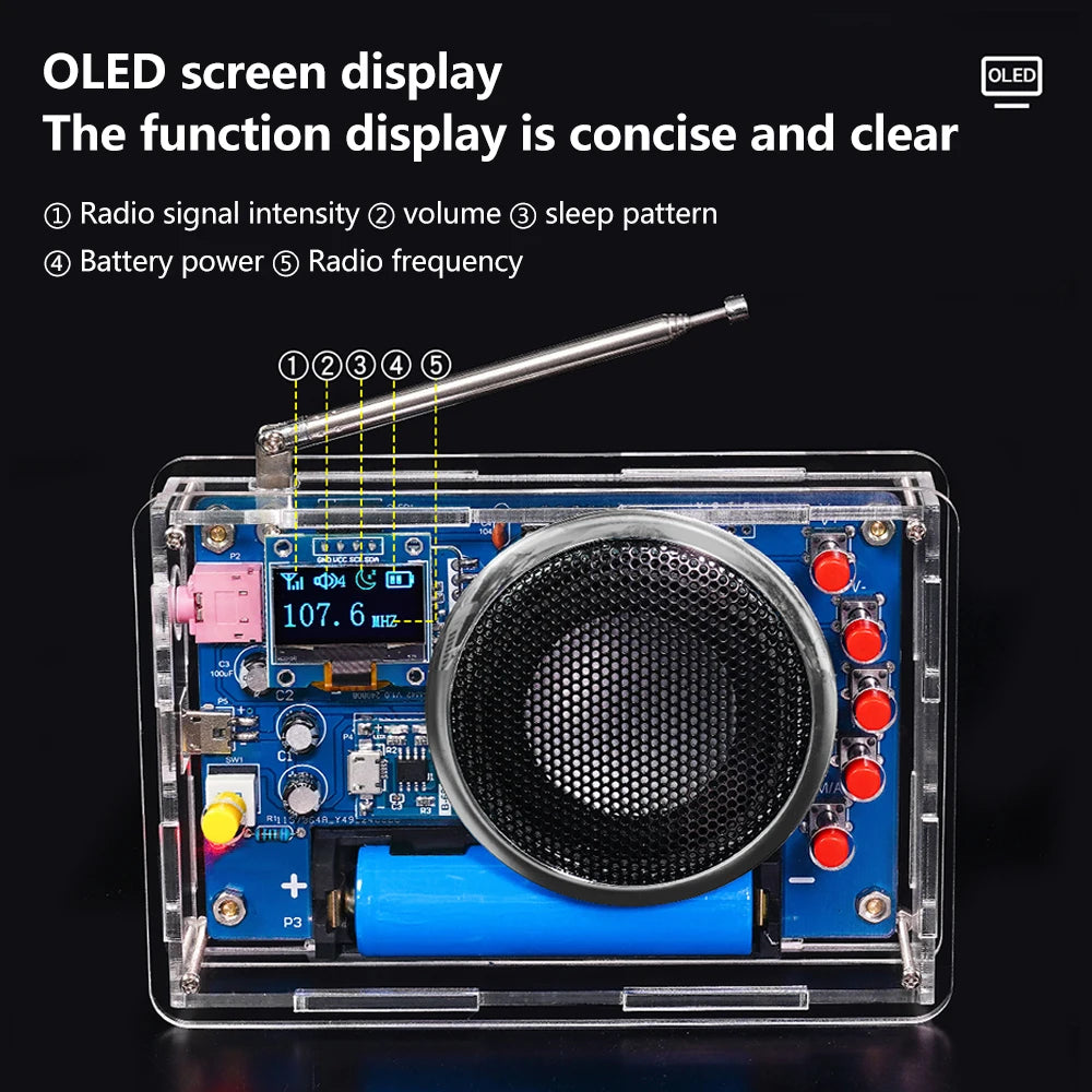 Portable FM Radio DIY Kit RDA5807 Radio DIY Module 87-108MHz Adjustable Frequency Radio DIY With OLED Display