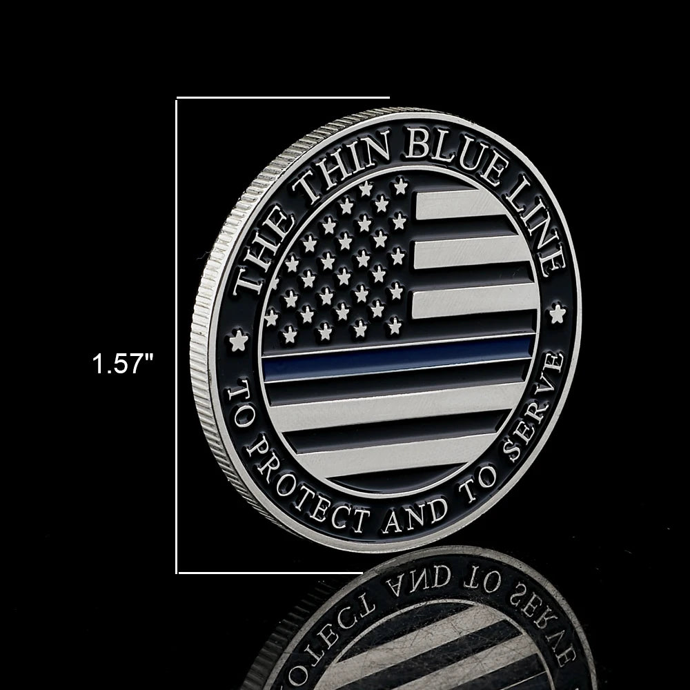 USA The Thin Blue Line To Protect And To Serve US Flag Police Officer Silver Plated Coin Collectible