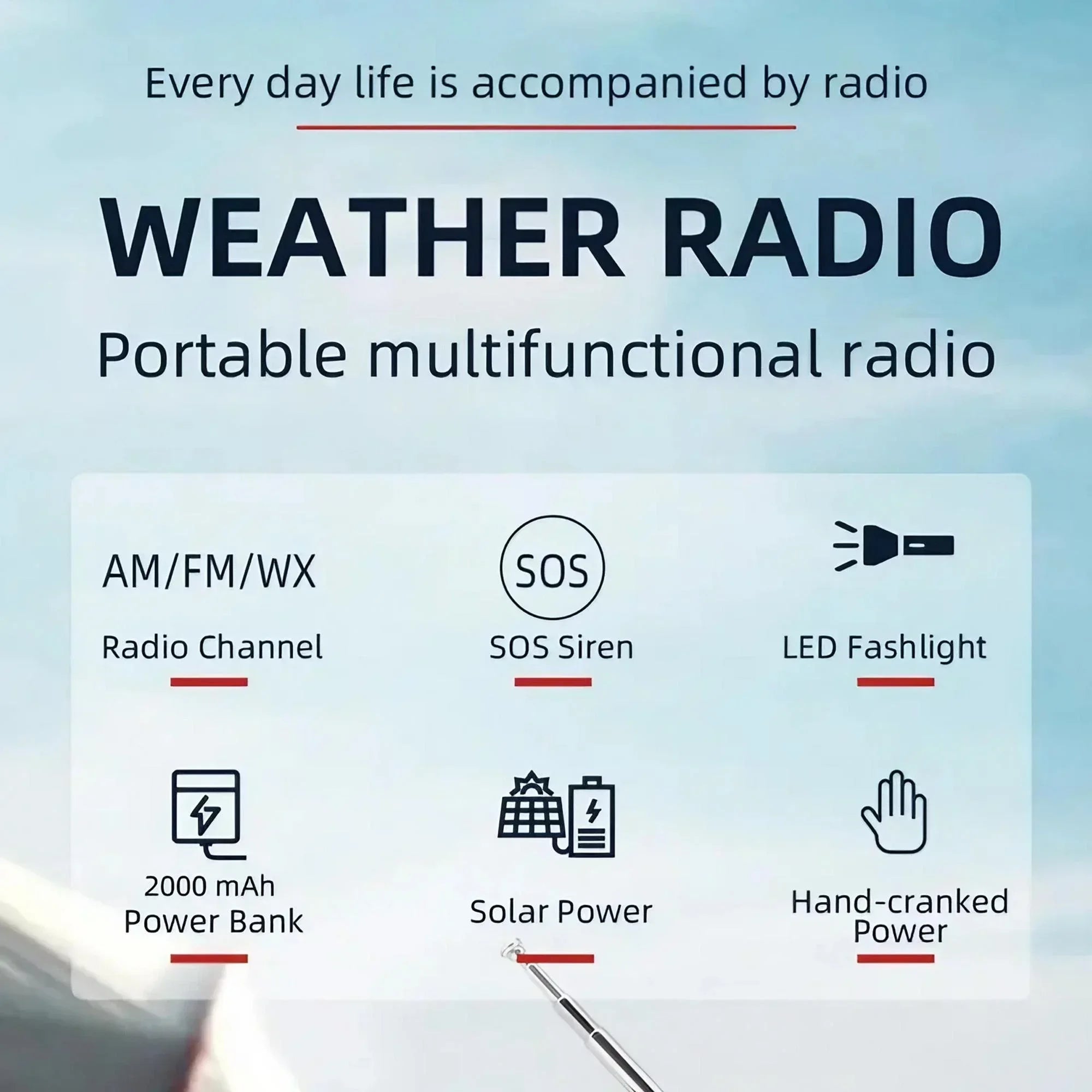Weather Radio Emergency Multifunctional Radio FM AM WB Hand Crank Solar USB Charging 2000mAh Power Bank LED Flashlight Torch