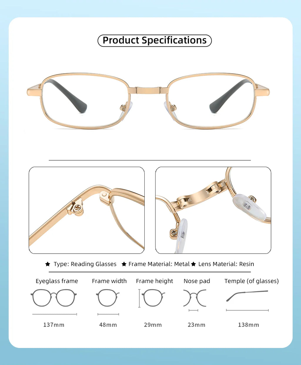 Foldable metal glasses, gold framed anti blue light presbyopia glasses, portable men's and women's business casual glasses