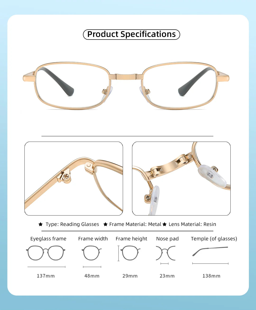 Foldable metal glasses, gold framed anti blue light presbyopia glasses, portable men's and women's business casual glasses