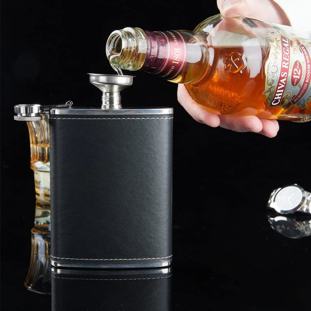 LMETJMA 8 Oz Hip Flask Black Leather Flask Stainless Steel Soft Touch Leather Wrap Flask with 1 Funnel Whiskey Rum Flask KC0465