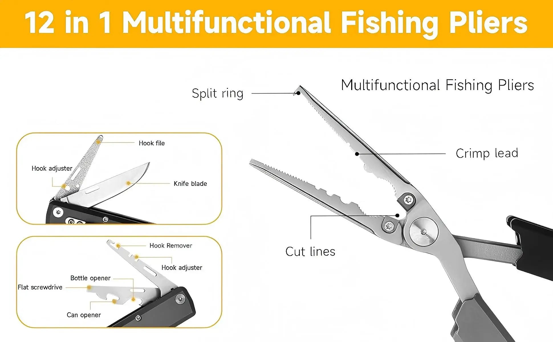 12-in-1 Multi-Functional Fishing Pliers, EDC Pocket Knife, Fish Lip Clamp, Multi-Tool Pliers, Survival and Camping Equipment