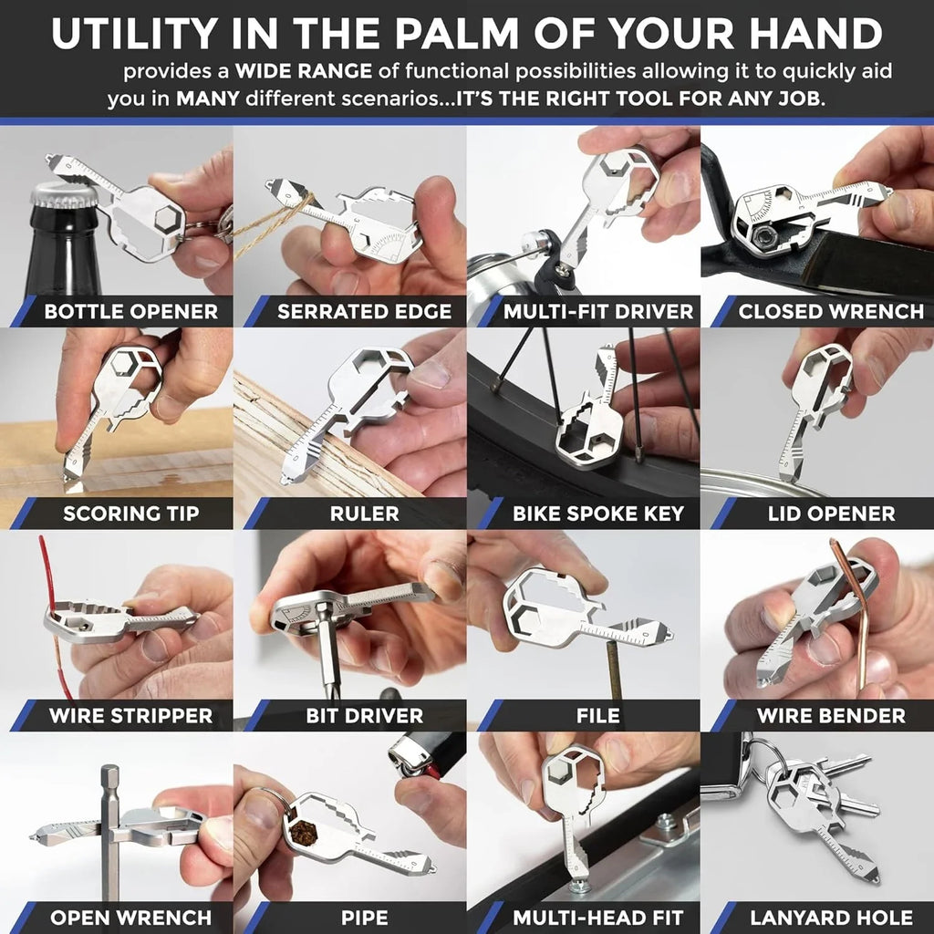 Multi-tool | Original Key Shaped Pocket Tool | Stainless Steel Keychain Utility Gadget | 16+ Tools | TSA Safe Multitool