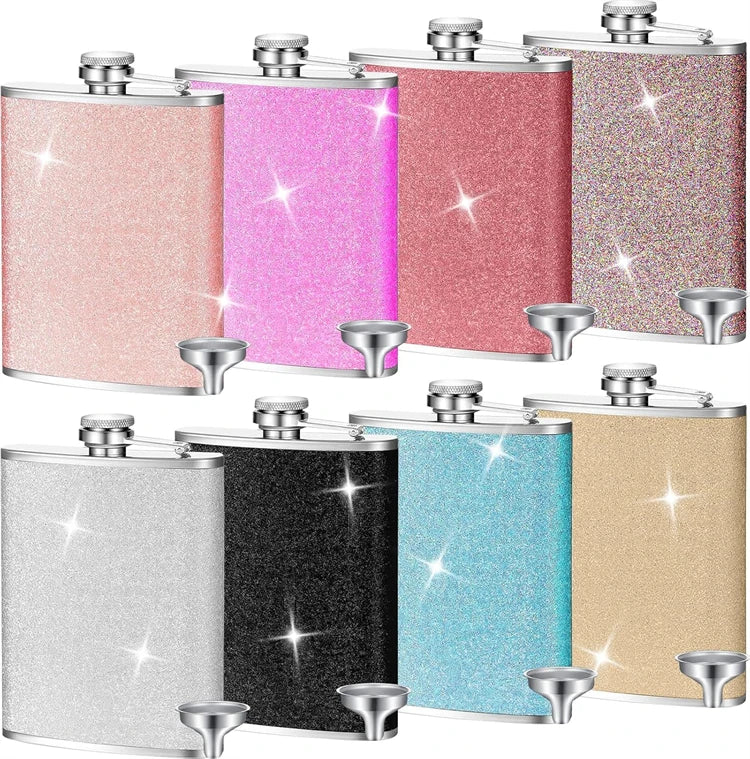 LMETJMA 8oz 230ML Hip Flask Stainless Steel Glitter Bling Liquor Flask for Women Leakproof Girl Whiskey Flask Pocket Flask JT376