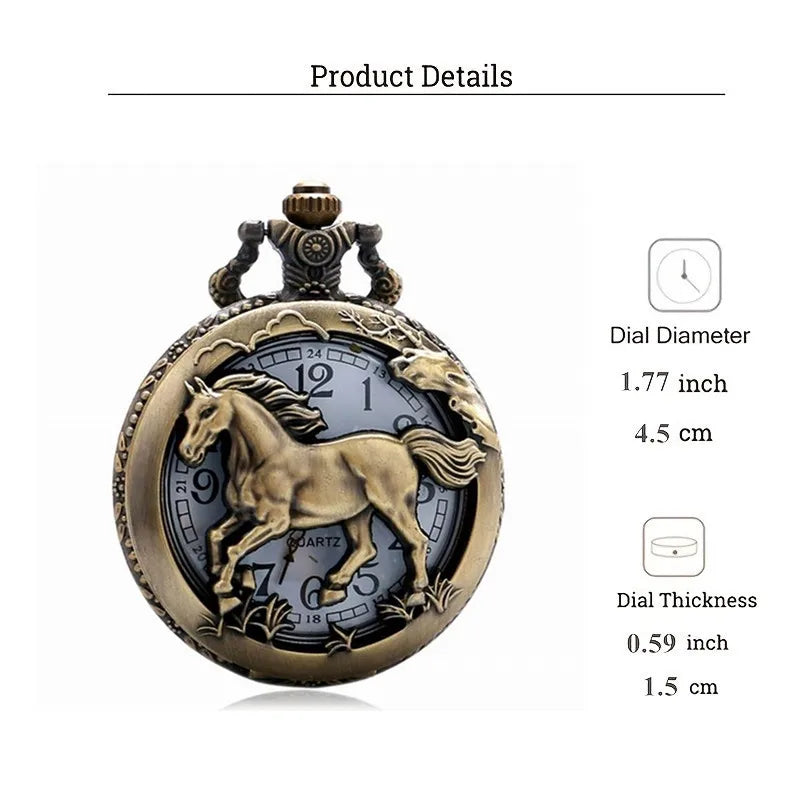 Cute Horse Pocket Watch Hollow Style Vintage Elegant Pocketwatch With Chain Animal Masculino Relogio Exquisite Clock Retro Gift