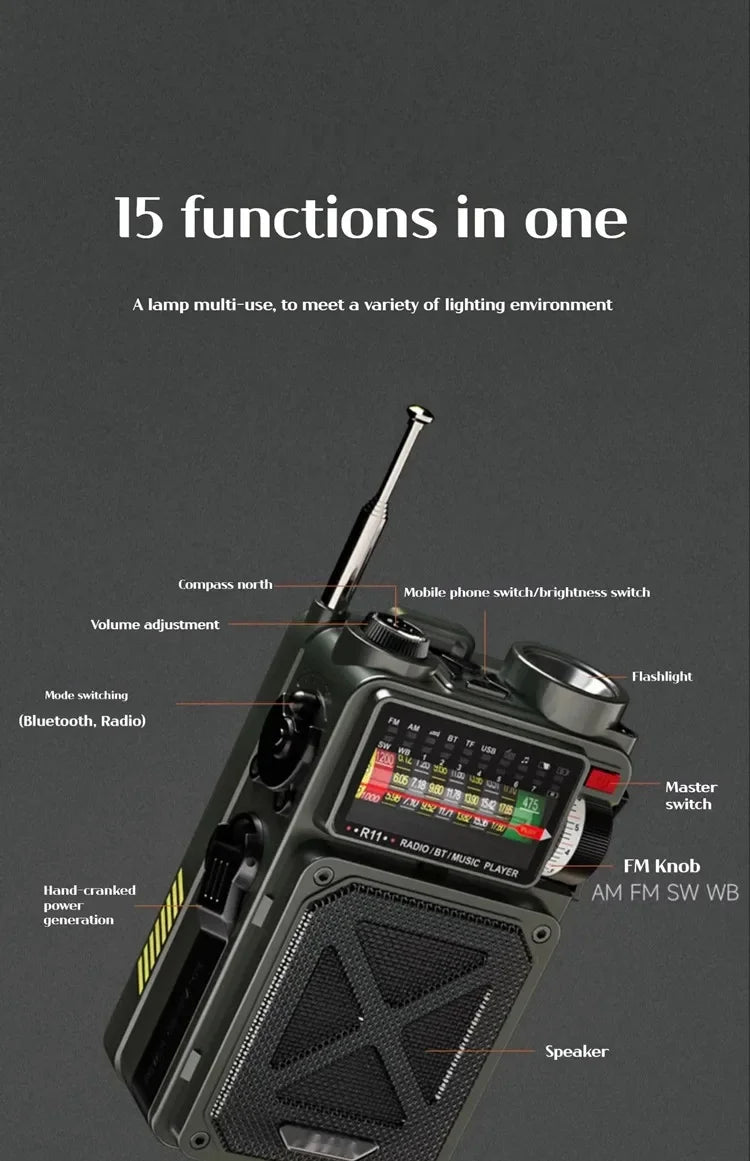 R11 Noaa Weather Radio Wireless Bluetooth Speakers Solar 4000mAh Self Powered Hand Crank Survival Wind Up AM/FM/SW/WB Band Radio