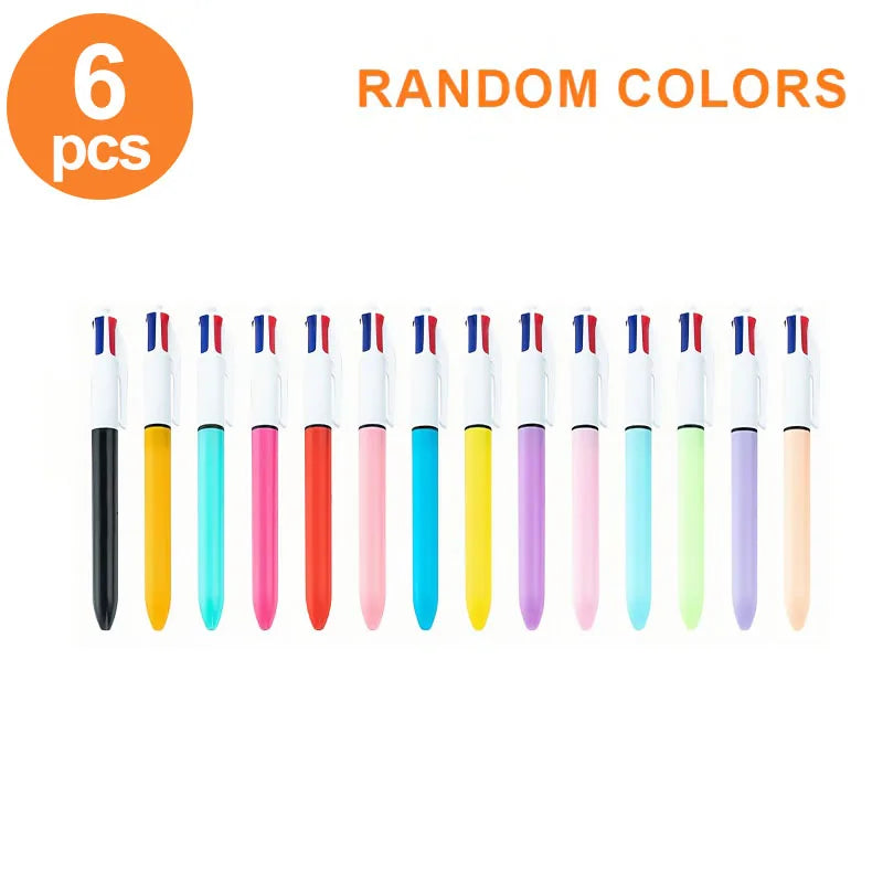 6 Multi-Color 4-in-1 Plastic Ballpoint Pens, 1mm Tip, Available in Red, Blue, Green, and Black, with Pressable Refills, Suitable for Study, Work, Notebooks, Journals, and Highlighting
