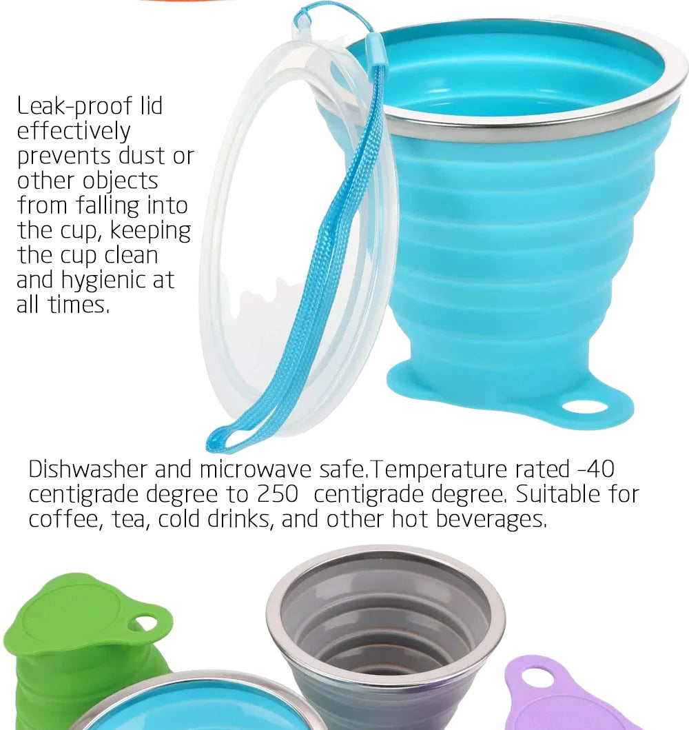 Silicone Collapsible Travel Cup 270ml Folding Camping Cup with Lid Reusable Expandable Drinkware for Outdoor Hiking