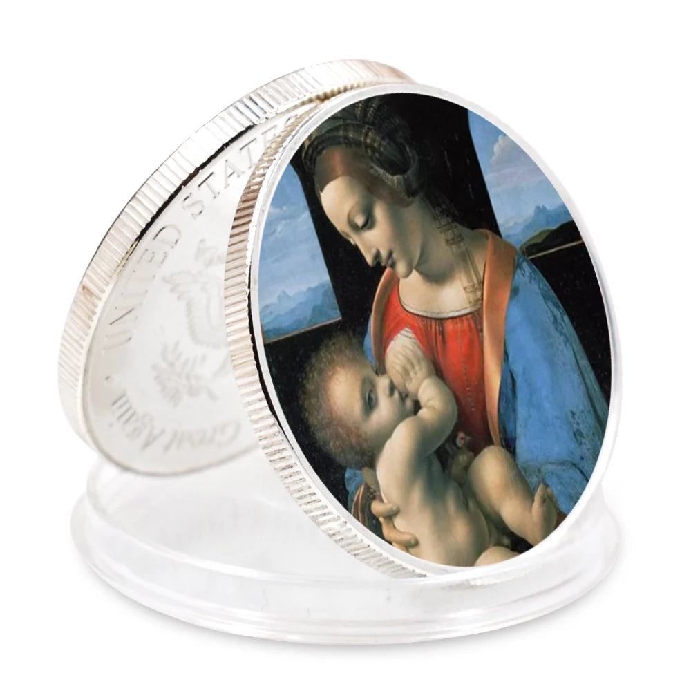 EU Style Sliver Coins Leonardo Da Vinci Paintings Coin Classic Metal Artwork The Renaissance Retro Commemorative Coin Home Decor
