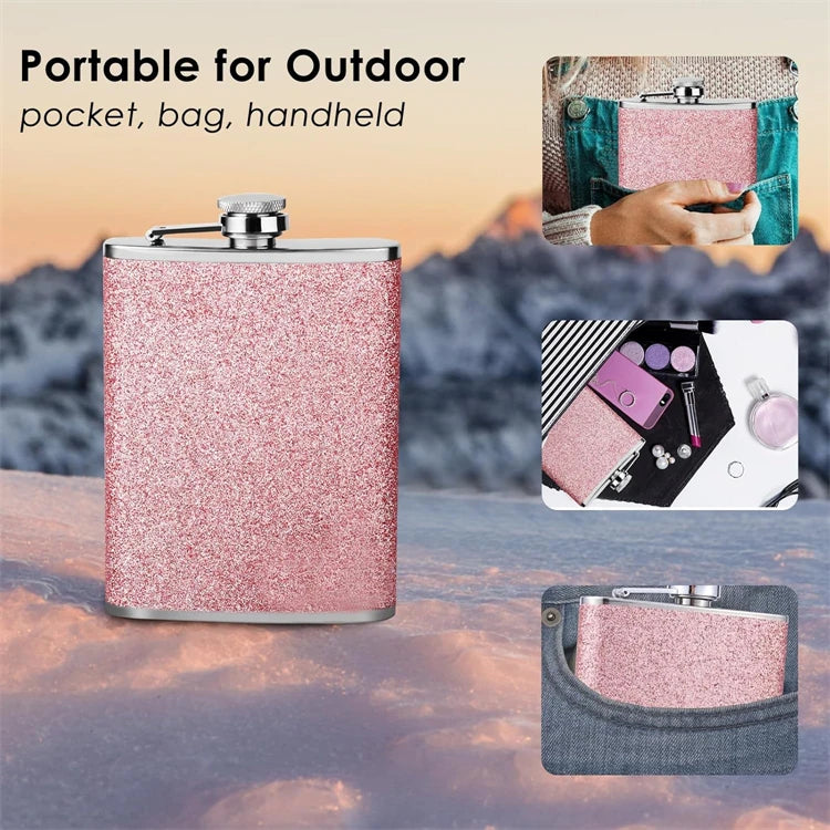 LMETJMA 8oz 230ML Hip Flask Stainless Steel Glitter Bling Liquor Flask for Women Leakproof Girl Whiskey Flask Pocket Flask JT376