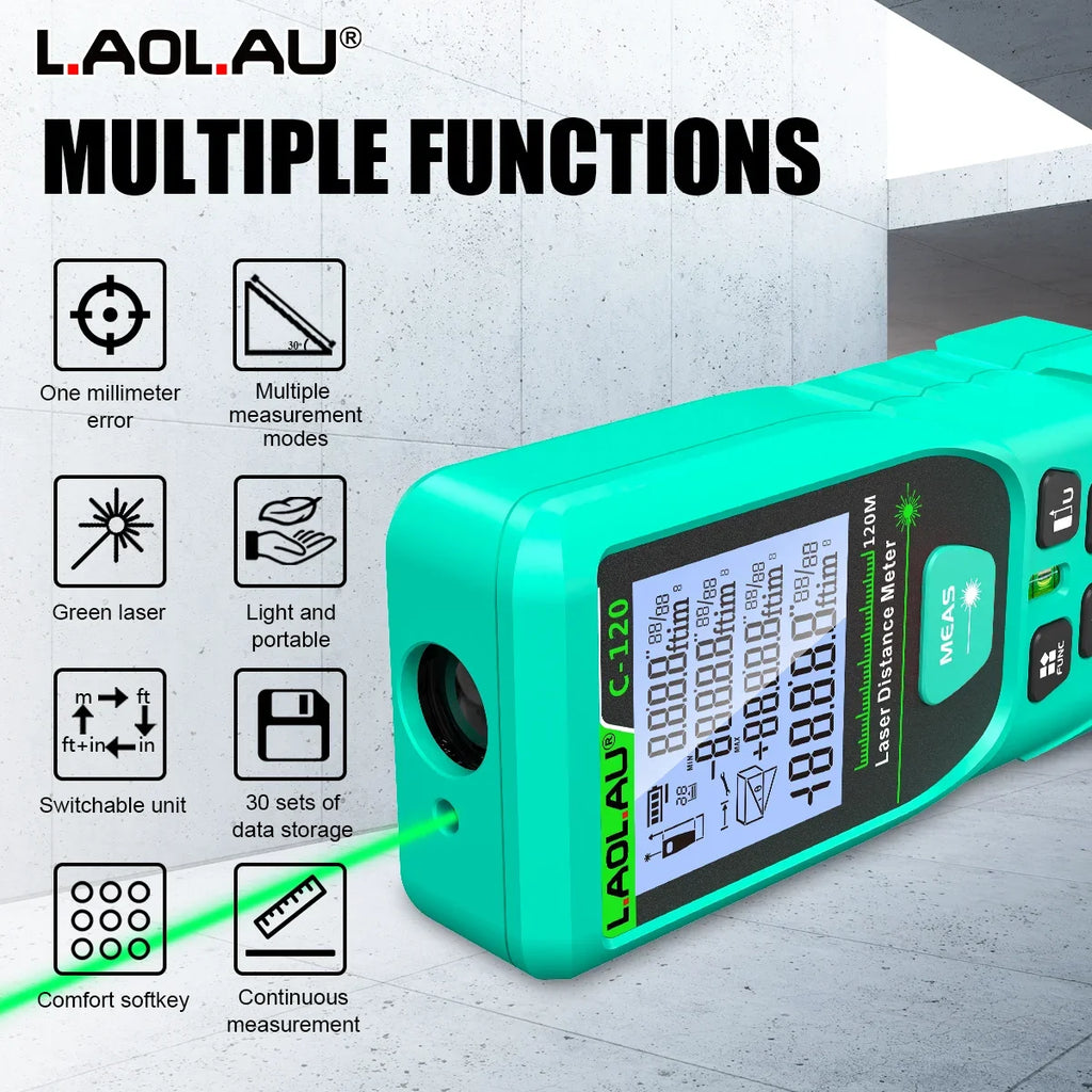 LAOLAU Digital Laser Range Finder RED/Green Laser Beam Meter High Precision Measuring Tools Backlit Screen IP54 Waterproof
