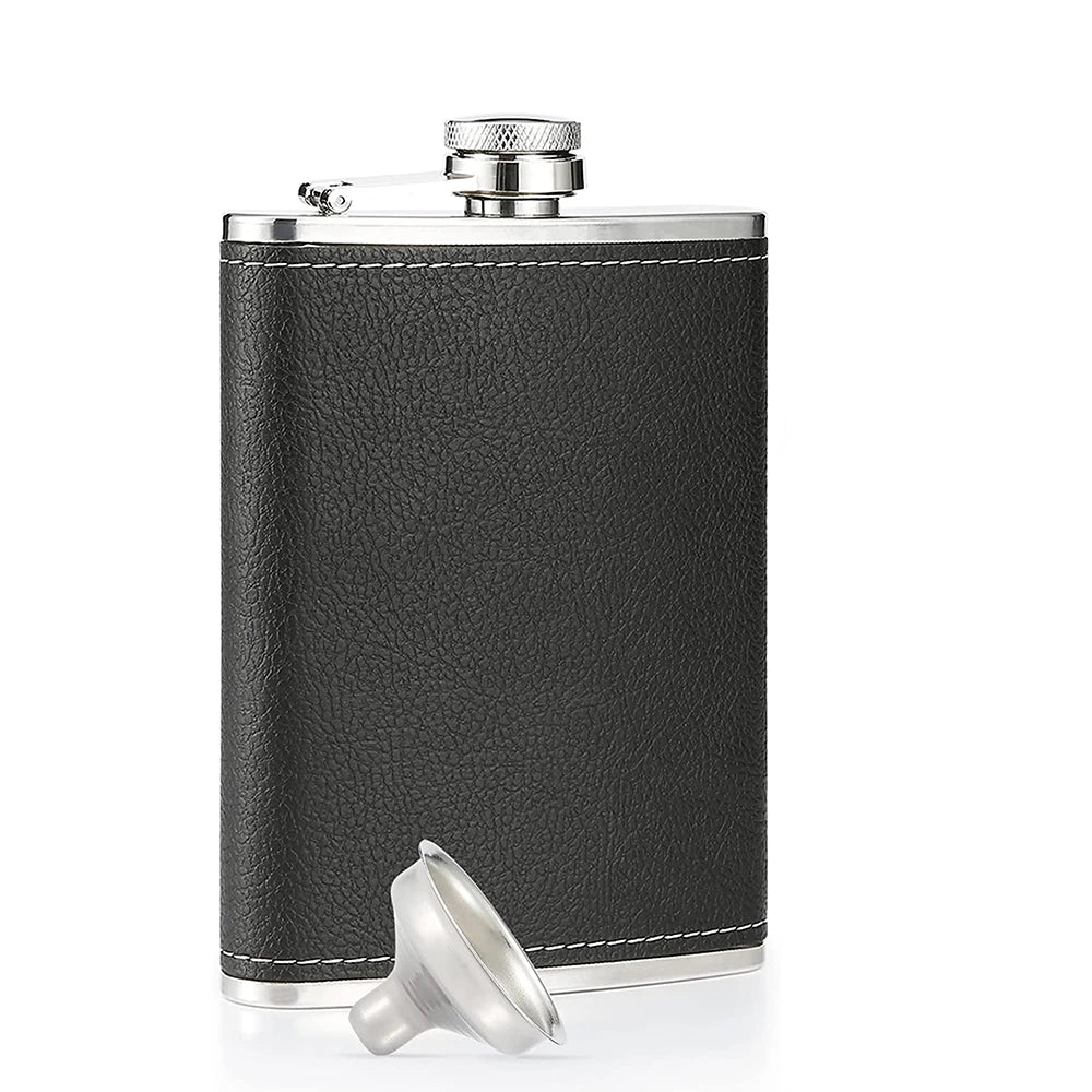 LMETJMA 8 Oz Hip Flask Black Leather Flask Stainless Steel Soft Touch Leather Wrap Flask with 1 Funnel Whiskey Rum Flask KC0465