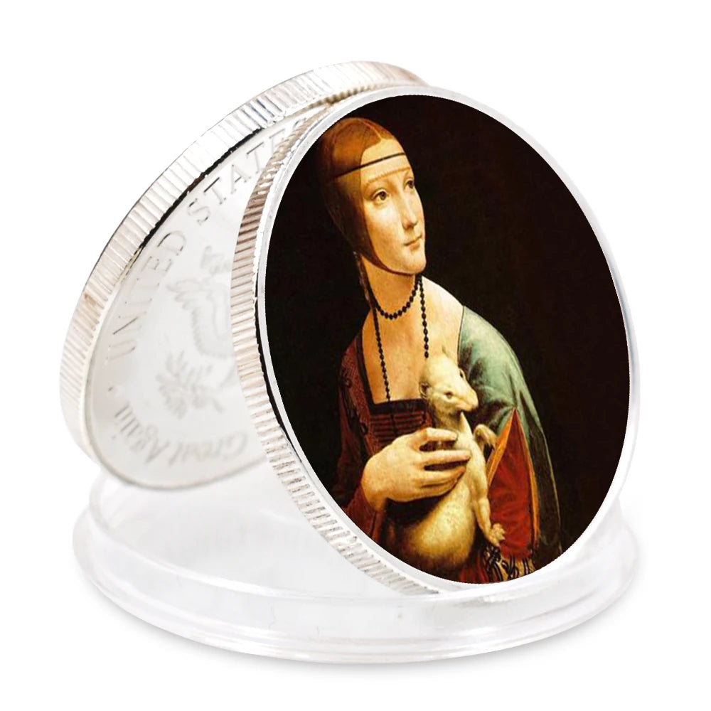 EU Style Sliver Coins Leonardo Da Vinci Paintings Coin Classic Metal Artwork The Renaissance Retro Commemorative Coin Home Decor