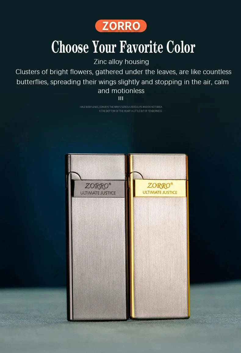 ZORRO Metal Ultra-thin  Butane Gas Inflatable Grinding Wheel Ignition Lighter Cigarette Lighters High-end Men's Small Tools