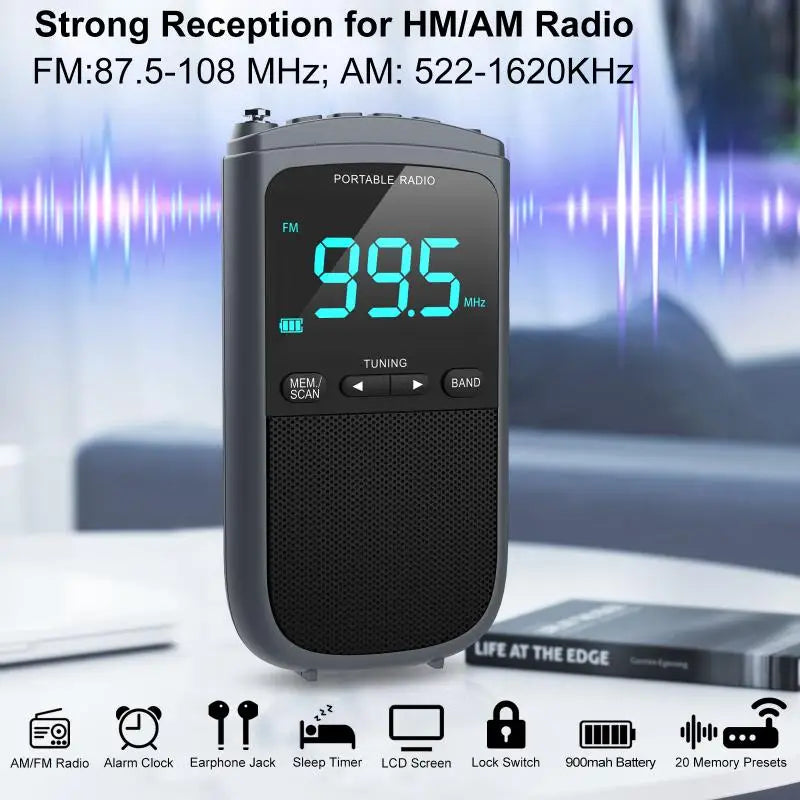 New Mini AM/FM Portable Radios Pocket Receiver Stereo Speaker Rechargeable Radio with Alarm Clock for Outdoor Weather Broadcast
