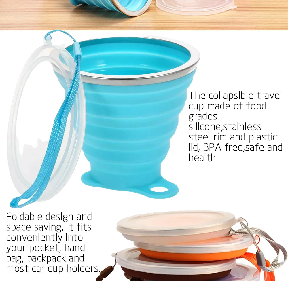 Silicone Collapsible Travel Cup 270ml Folding Camping Cup with Lid Reusable Expandable Drinkware for Outdoor Hiking