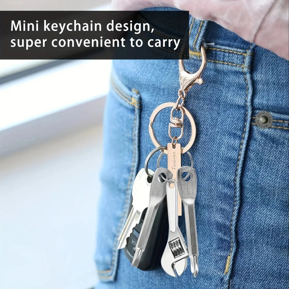 Pocket Mini Keychain Repair Tools Adjustable Small Wrench Slotted & Phillips Screwdriver Compact Metal Tool Kit with Keyring