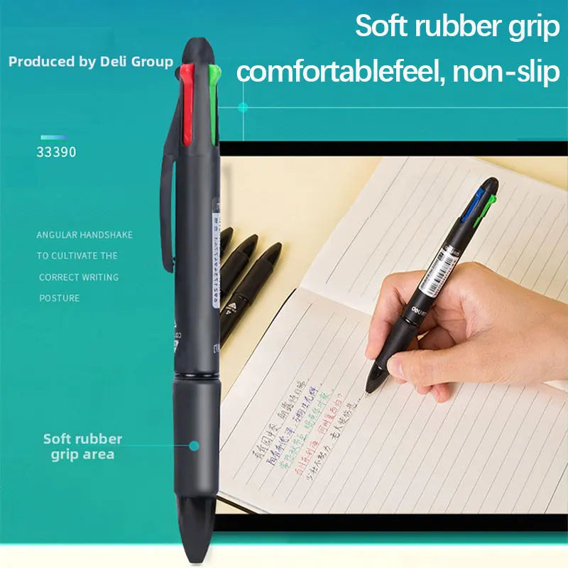 Deli Multi color Ballpoint Pen  Four color Ink Pen Color Atomic Pen Multi functional for Taking Notes and Marking Black Blue Red