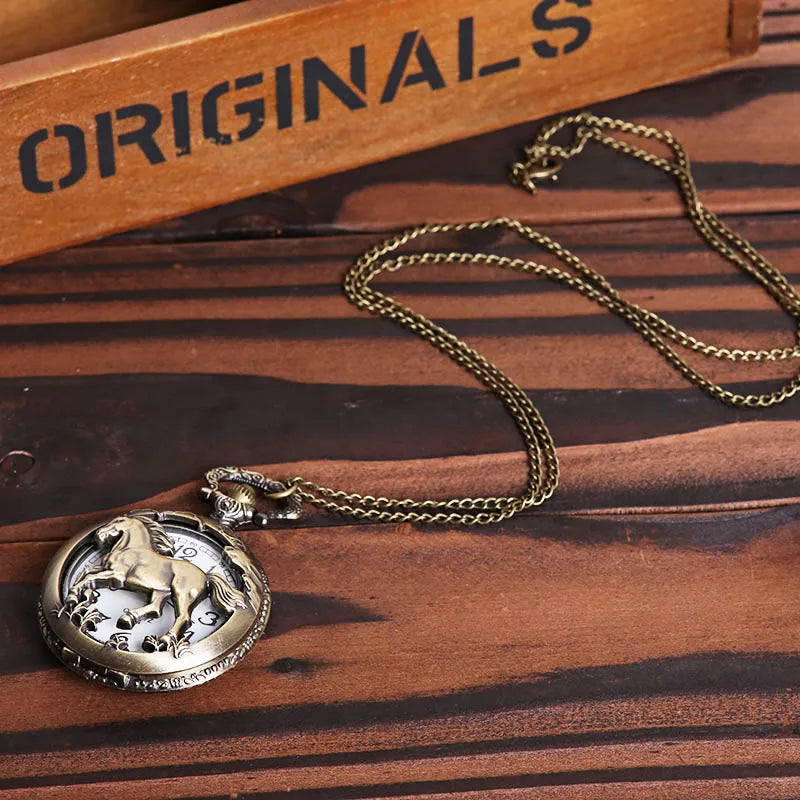 Cute Horse Pocket Watch Hollow Style Vintage Elegant Pocketwatch With Chain Animal Masculino Relogio Exquisite Clock Retro Gift